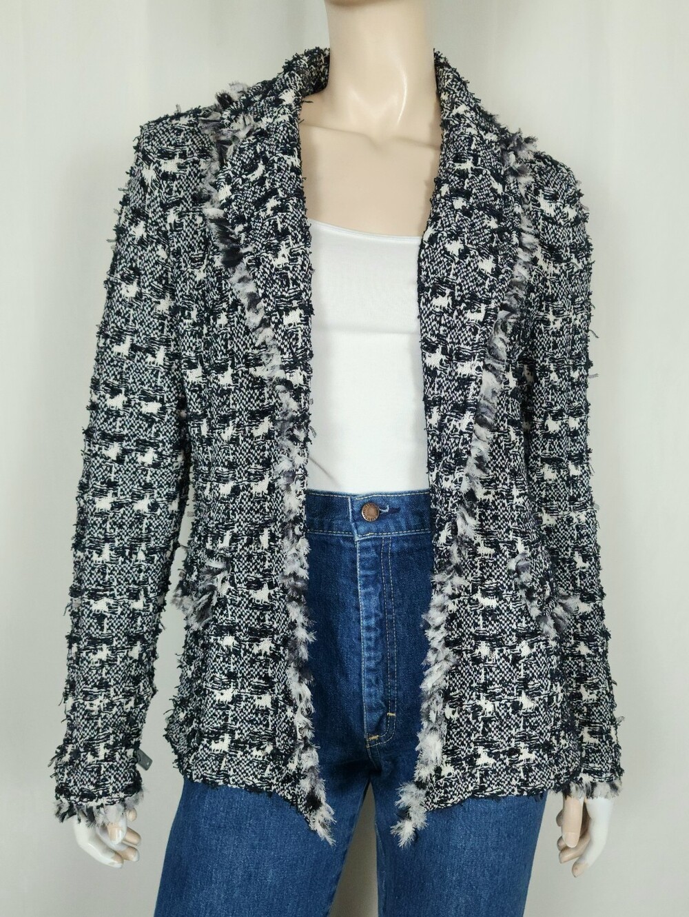 St. John Collection tweed knit silk fringe blazer jacket 10 M